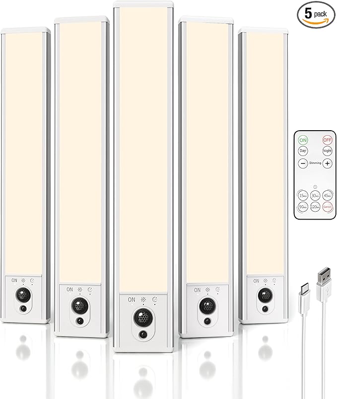 EZVALO 5-Pack Under Cabinet Lighting, 2400mAh Motion Sensor Light, LED Closet Lights Wireless, 2700K Dimmable, Timer, Magnetic, with Remote Control for Kitchen, Closet, Stair