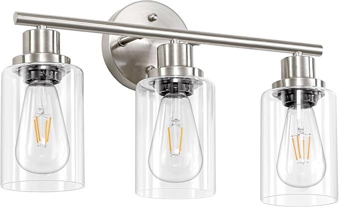 Guliaofo 3-Light Brushed Nickel Vanity Lights, E26 Modern Bathroom Light Fixtures with Clear Glass Shade, Wall Lamps for Mirror Kitchen Hallway Cabinet Living Room Sconces Lights