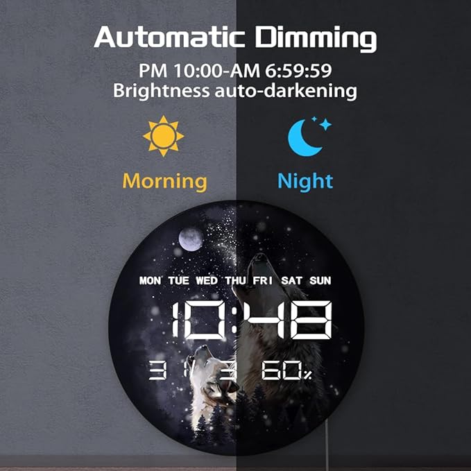 Timethink 12'' Full Moon Howling Wolves Digital Wall Clock Large Display, Forest Wildlife Wolf Decor Electric Wall Clock Auto-Brightness, Temperature, 12/24hr, Date, USB Powered for Man Cave Bedroom