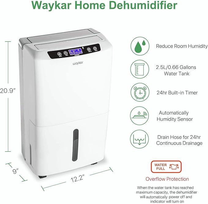 Waykar 2000 Sq. Ft. 2025 Energy Star Dehumidifier for Home and Basements, with Auto or Manual Drainage, 0.66 Gallon Water Tank Capacity