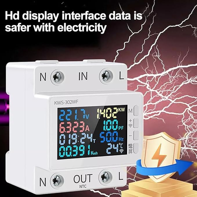 LCD Digital Energy Meter, Single Phase Energy Meter, Din Rail Electricity Usage Monitor, Power Usage Monitor AC170V~270V Power Voltage Meter(KWS-302L)