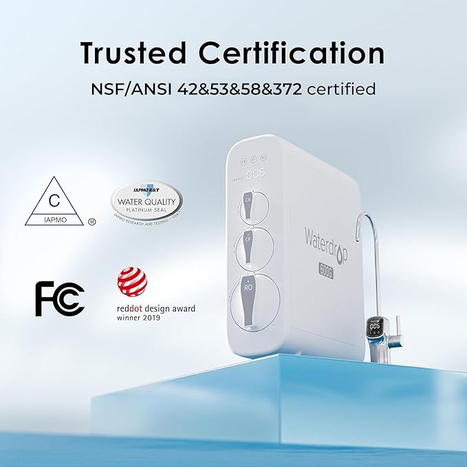 Waterdrop G3P600 Reverse Osmosis System, 8 Stage Tankless Reverse Osmosis Water Filter, NSF/ANSI 42 & 53 & 58 & 372 Certified, Under Sink RO System, 2:1 Pure to Drain, Smart LED Faucet