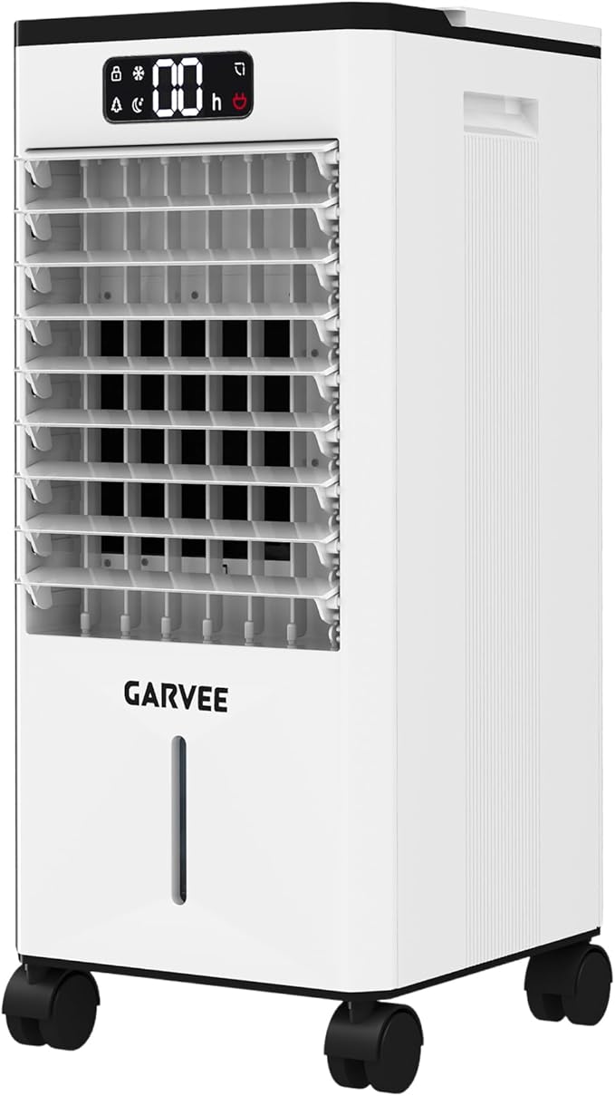Portable Evaporative Air Cooler, 1.84Gal Touch Screen Cooler Fan with Remote Control, 3 Speeds 3 Modes LED Display, Ice Packs & Rolling Casters Included, Quiet 3-in-1 Cooling for Bedroom Home Office