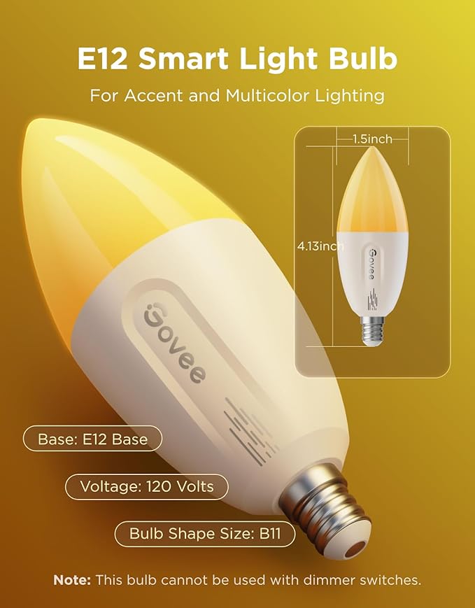 Govee E12 Led Bulb, Smart Light Bulbs Work with Matter, Alexa, Google Assistant, WiFi Candelabra Bulbs 40 Watt Equivalent, RGBWW Color Changing Light Bulb, 2.4Ghz Only, 450 LM, 4 Pack