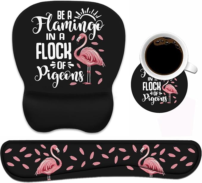 Mouse Pad Wrist Support and Keyboard Wrist Rest Set with Coasters, Inspirational Quote Be a Flamingo in a Flock Pigeons with Non-Slip PU Base Ergonomic Mousepad for Computer Laptop Home Office