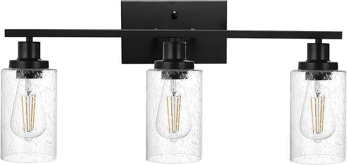 WINSHEN Wall Sconce Lighting 3-Light Matte Black Bathroom Vanity Light Fixtures Farmhouse Wall Lamp with Seeded Glass for Kitchen Living Room Mirror