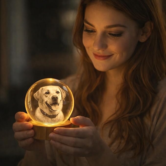 Herihues Personalized 3D Photo Crystal Ball, Custom Engraved Picture Lamp with Wood Base, Night Light for Dog Lovers, Dog Memorial Gifts, Loss of Pet Sympathy Gift Night Light, Custom Photo Portrait