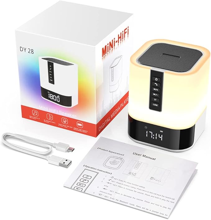 Hetyre Night Light Bluetooth Speaker, 5 in 1 Touch Control Bedside Lamp Dimmable Multi-Color Changing, Bedroom Alarm Clock, Best Birthday Gift Ideas for 10 11 12 13 14 Year Old Teenage Girls/Boys