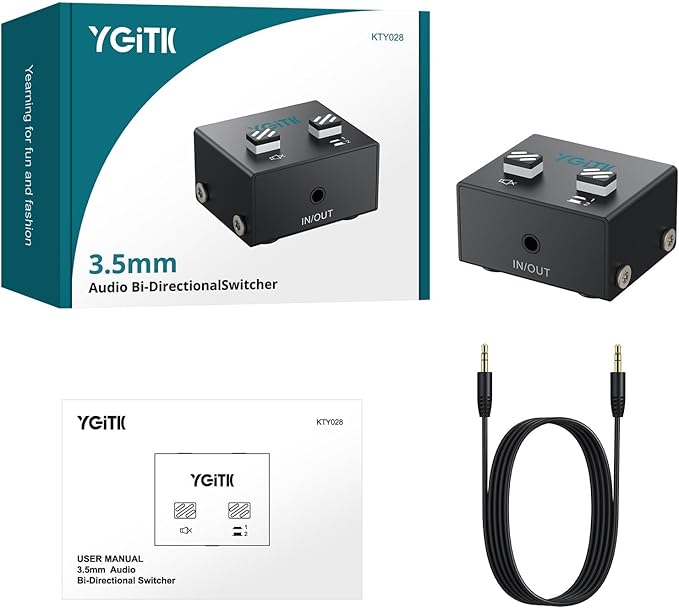 YGITK 3.5mm Audio Switch Bi-Directional, 2-in-1 & 1-in-2 Stereo Audio Switcher with Mute Button, No External Power Required, Includes 3.5mm Audio Cable, fo Speakers, PC, Phone, Laptop, Headphone