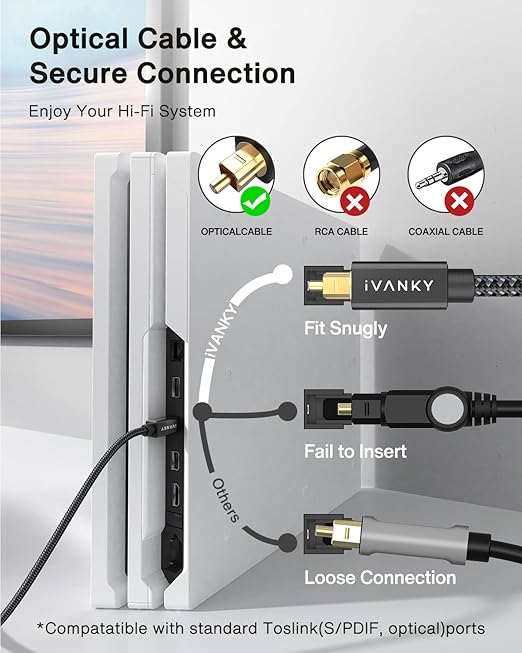 IVANKY Optical Audio Cable 10ft/3M, Nylon Braided, 24K Gold-Plated, Slim Metal Case, CL3 Rated, S/PDIF Digital Audio Fiber Optic Cable for Home Theater, Sound Bar, TV, PS4, Xbox, Samsung, Vizio
