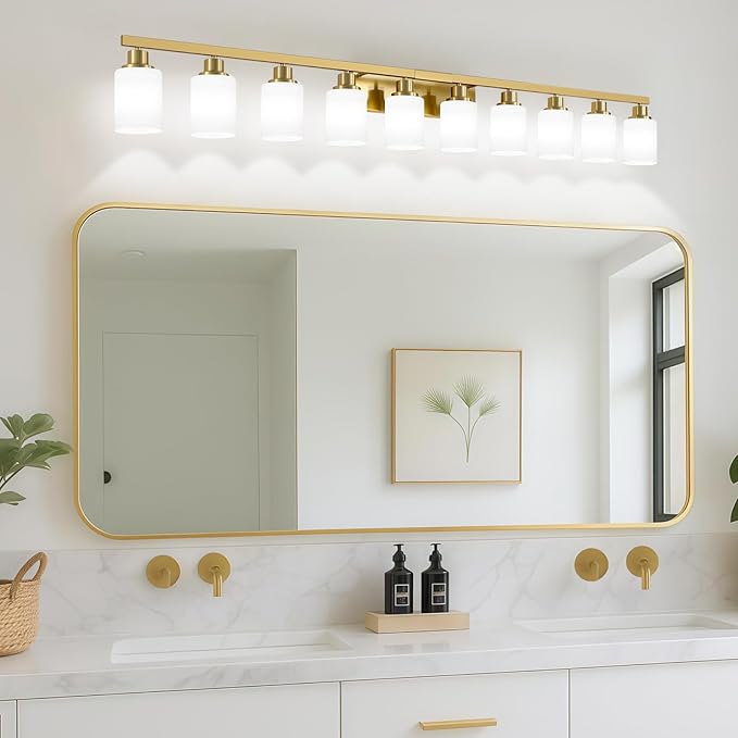 DIKAIDA Gold Bathroom Vanity Light,10-Light Brushed Gold Bathroom Light Fixtures with White Frosted Glass,64.5in Wall Lamp Sconces for Mirror Bedroom,Living Room Hallway,E26