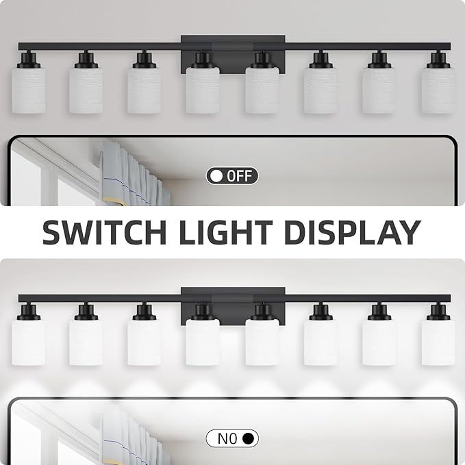DIKAIDA 8-Light Bathroom Light Fixtures Over Mirror, 52inch Modern Matte Black Vanity Lights with White Frosted Glass Shade, Bathroom Wall Lamp Sconces for Mirror Bedroom, Living Room Hallway