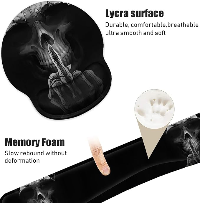 Keyboard Wrist Rest and Mouse Pad Wrist Support Set with Coasters, Non-Slip PU Base Ergonomic Gaming Mousepad for Home Office Working Studying Easy Typing & Pain Relief, Funny Skeleton Skull