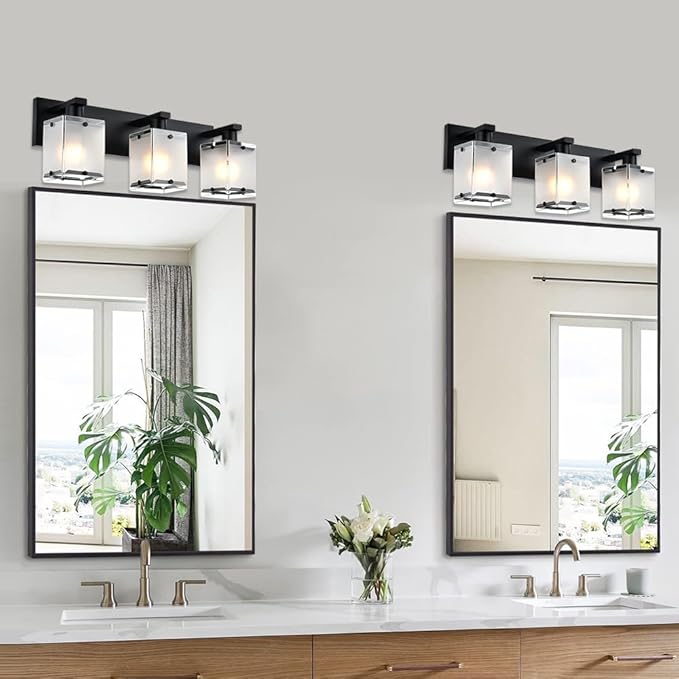 WINSHEN 3-Lights Bathroom Light Fixture Over Mirror, Modern Black Wall Sconce Vanity Lighting Fixtures with Rectangular Frosted Glass Shade for Bathroom Kitchen Bedroom, E26 Bulb Base