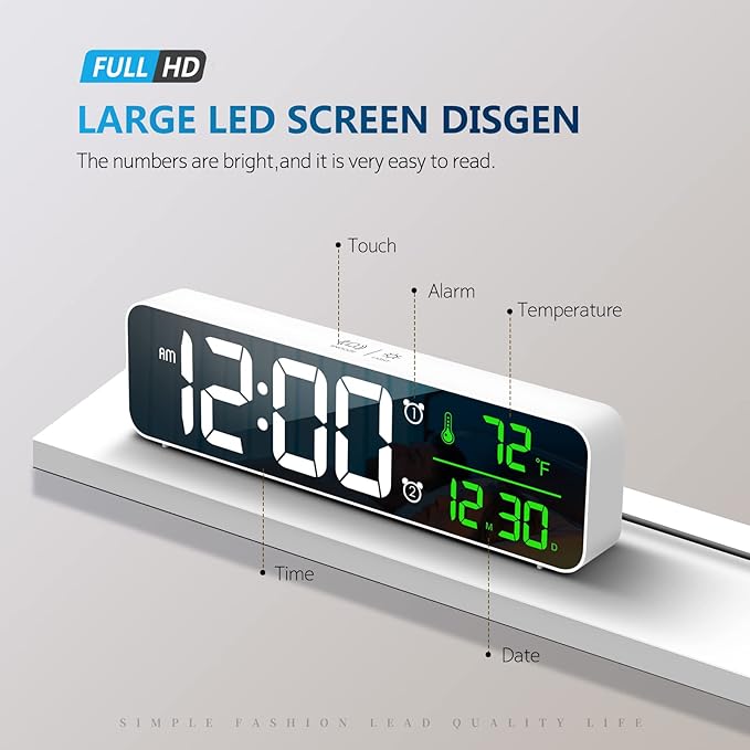 Hournor Digital Clock for Bedroom, Digital Wall Clock for Living Room Decor, Desk Table Clocks, Digital Clock Large Display, Bedroom Smart Alarm Clock for Office White Green