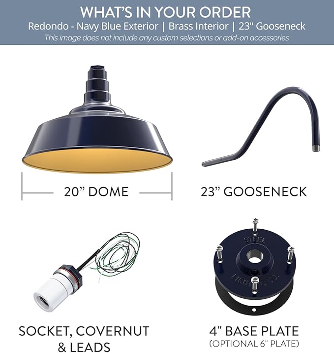Steel Lighting Co. Large Outdoor Barn Light | Gooseneck Light Fixture | Made in America from 18-Gauge Steel | 20" Dome | 23" Gooseneck Navy Blue Exterior/Brass Interior