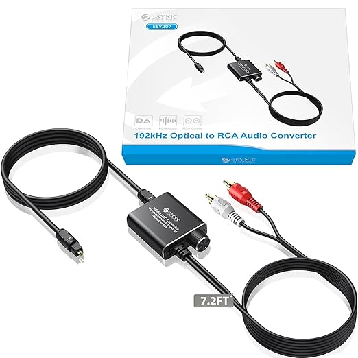 eSynic Portable Optical to RCA Adapter-Volume Control-Built in Voice Amplifier Chilp- 192kHz DAC Converter with 7ft Cable-Plug & Play- for Gaming Console/Blu-Ray/DVD/HDTV to R/L Stereo Audio System