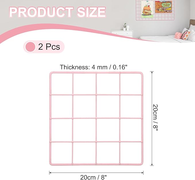 PATIKIL 8"x8" Wire Grid Panel, 2 Pack Board Photo Pictures Memo Display Grid Panels Hanging Organizer Wall Decorative Panel for Home Office Wedding, Pink