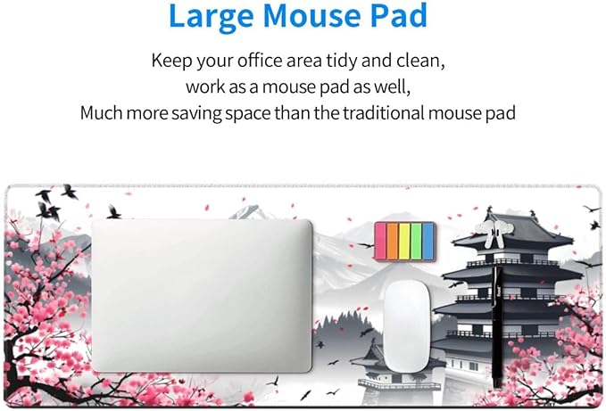 CANFLASHION Desk Pad,Office Desk Mat 31.5"×11.8"Large Gaming Mouse Pad,Durable Extended Computer Mouse Pad,Waterproof Thick Big Mouse Pads with Non-Slip Rubber Base Office Home Japanese Castle Cherry