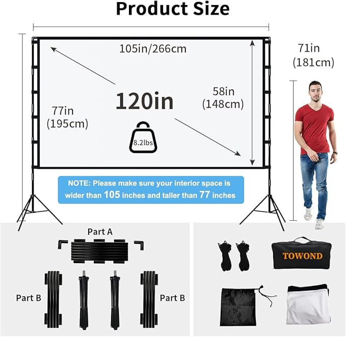 TOWOND Outdoor Projector Screen with stand, 120 inch Portable Movie Screen - 16:9 4K HD Foldable Anti-Crease Projection Screen with Carry Bag for Movie Nights, Camping and Parties Support Double Sided