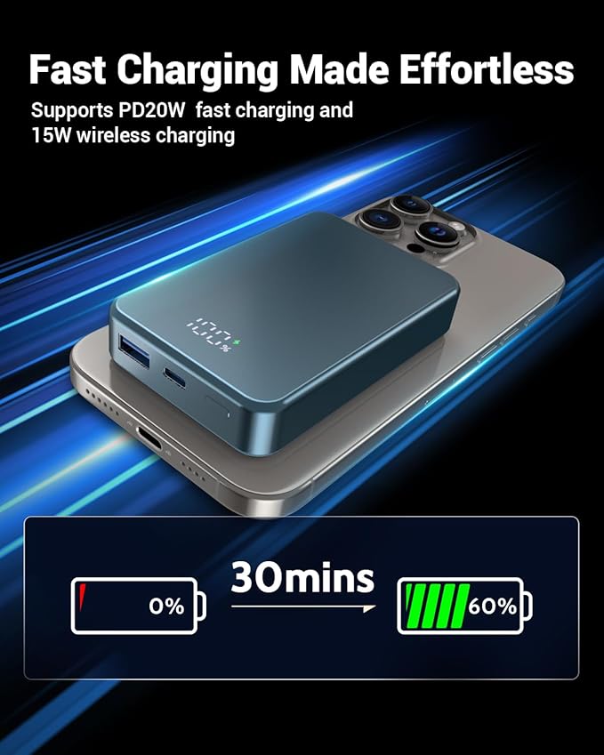 POAQCIF Magnetic Power Bank 26800mAh for Magsafe Portable Charger, Aluminum Alloy Large Capacity 20W USB-C in&Out Wireless Fast Charging for iPhone16 Plus Pro Max/15/14/13/12 Series, Blue