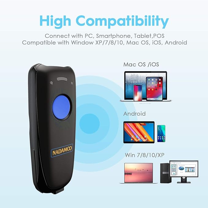 NADAMOO 1D Wireless Barcode Scanner Compatible with Bluetooth, with Charging Dock, Portable USB Bar Code Scanner for Inventory, 2.4G Wireless & Wired Barcode Reader for Tablet iPhone iPad Android iOS