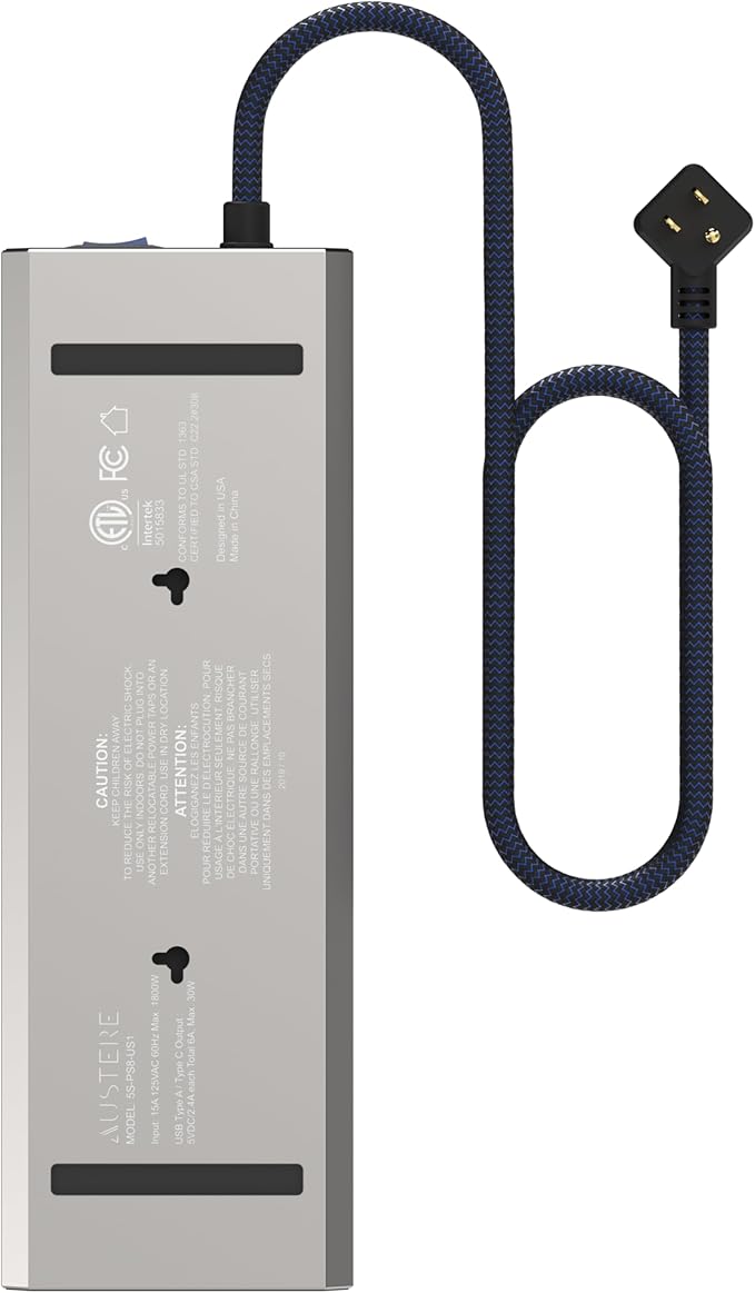Austere V Series, 8 Outlet Surge Protector Power Strip, 3000 Joules, EMI/RFI Filtering, 3 USB-C and 2 USB-A 2.4 amp Ports, LED Indicators, Overcurrent Protection, 5 Year Component Guarantee