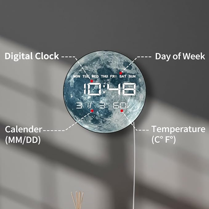 Timethink 12'' Full Moon Digital Wall Clock with LED Display, Lunar Moonlight LED Electric Wall Clock Calendar & Temperature, Automatic Dimming, 12/24hr Format, Wall & Desk Use for Bedroom Living Room