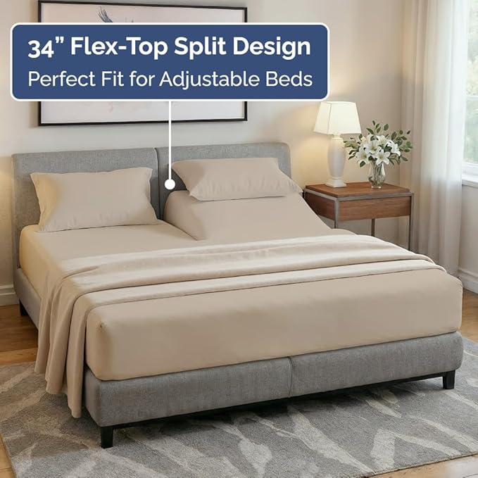Split Head King Sheets Set - Top Split King Sheets for Adjustable Beds, Easy-Fit Split Head King Mattress - Flex Split Top King Sheets, Easy-Fit, Breathable, Deep Pocket Split King Sheets Set - Wheat