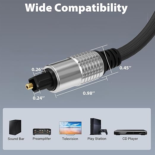 Cyberguys! Optical Audio Cable, Digital Optical Cable with Toslink Connectors, Braided Digital Audio Cables for Soundbar, TV, Receiver, Speaker, Xbox, PS5, Blu-Ray – Gold-Plated, 3.3ft