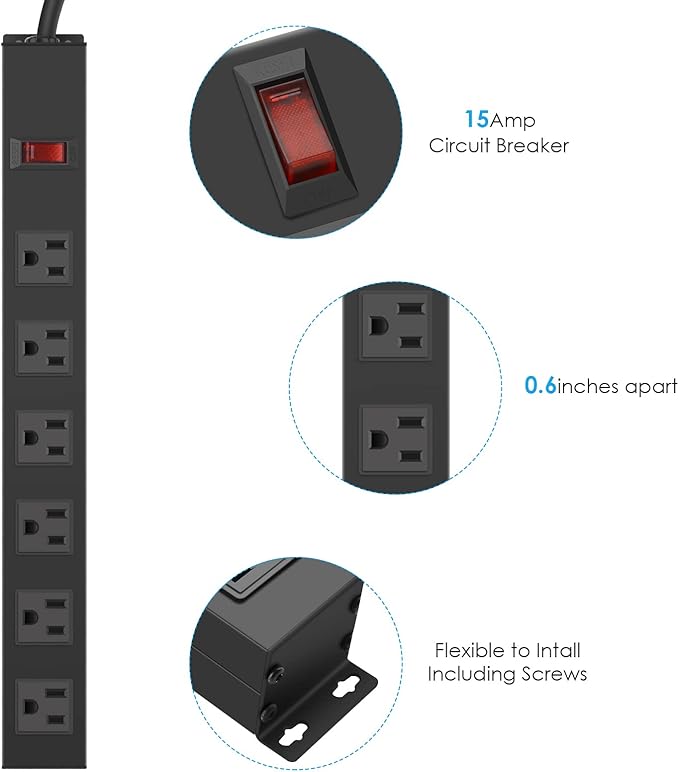 2Pack Metal Wall Mount Power Strip, Mountable Power Outlet with 6 AC Outlets, Aluminum Alloy Mount Power Socket with Switch, 6 FT SJT 3/C 14AWG Power Cord, 15A 125V 1875W (6AC)