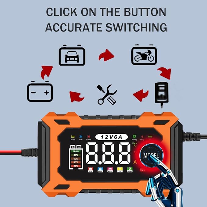 6-Amp 12V Smart Car Battery Charger, Battery Maintainer Trickle Charger with Desulfator, Pulse Repair & Overcharge Protection - for Car Lawn Mower Marine Lead-Acid Batteries (Orange)