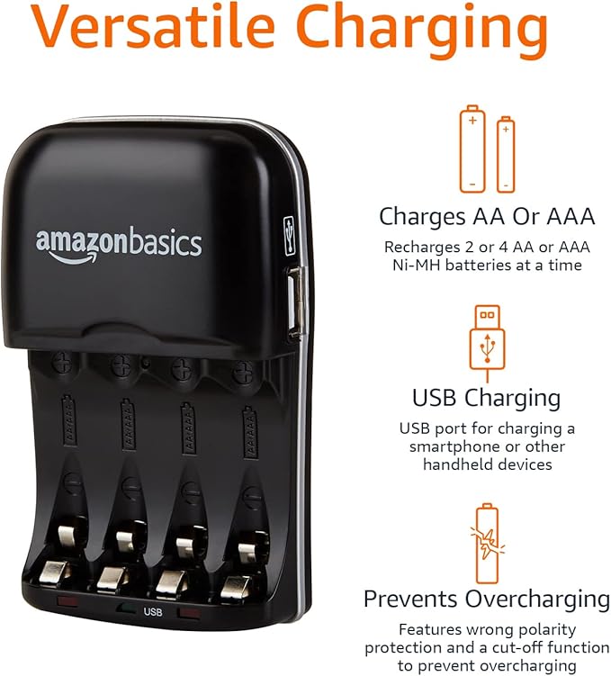 Amazon Basics Rechargeable Battery Charger for AA & AAA Nickel-Metal Hydride (NiMH) Batteries with USB Charging Port, Black