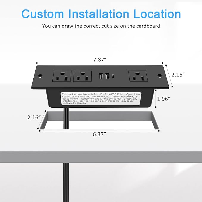 Recessed Power Strip, Furniture Plug in 3 Outlets & Fast Charging 20W PD USB-C Port & 18W/3A QC3.0 USB-A Ports Drawer Outlet with 10 FT Flat Extension Cord, Desk Grommet Outlet for Table Top Black