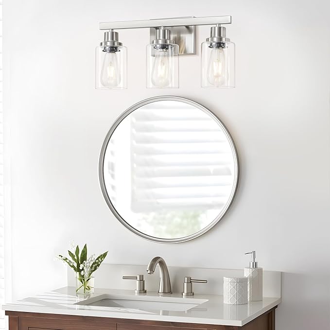 DIKAIDA 3-Light Bathroom Light Fixtures, Nickel Bathroom Vanity Light with Clear Glass Shade, Modern Bathroom Wall Lights Over Mirror, Farmhouse Wall Sconces Lighting for Bedroom Living Room