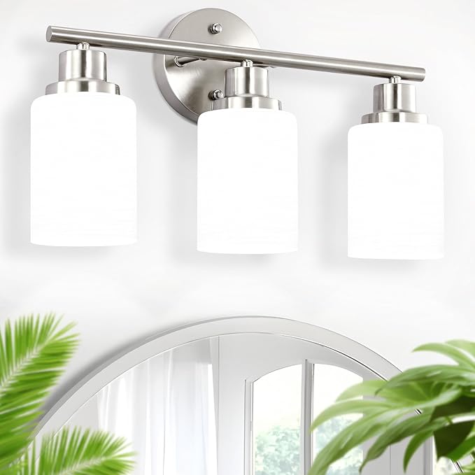 Guliaofo 3-Light Bathroom Light Fixtures, Vanity Lights for Mirror with Textured Milky White Glass Shade, Modern Kitchen Light Fixtures Wall Sconce Light - E26 Base - Brushed Nickel