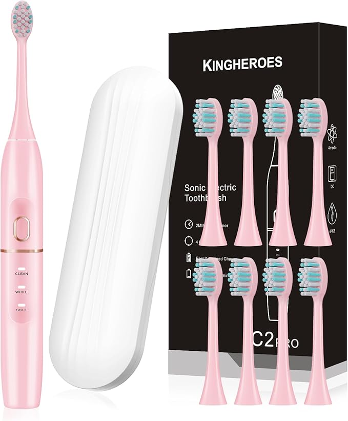kingheroes Electric Toothbrush Set, Comes with 8 Brush Heads & Travel Case,4 Modes with 2 Minutes Built in Smart Timer, One Charge for 60 Days, 42000 VPM Motor (Pink)