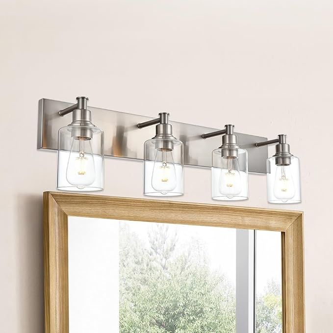 TODOLUZ Bathroom Vanity Light Fixtures, 4-Lights Modern Brushed Nickel Wall Mounted Lamp with Clear Glass Shade for Bedroom Over Mirror