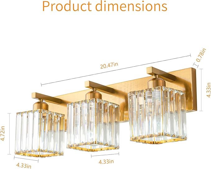 FDPBY Modern Bathroom Vanity Light 3-Lights Gold Crystal Bathroom Wall Light Vanity Light Fixtures，20.47-inch Modern Minimalist Design