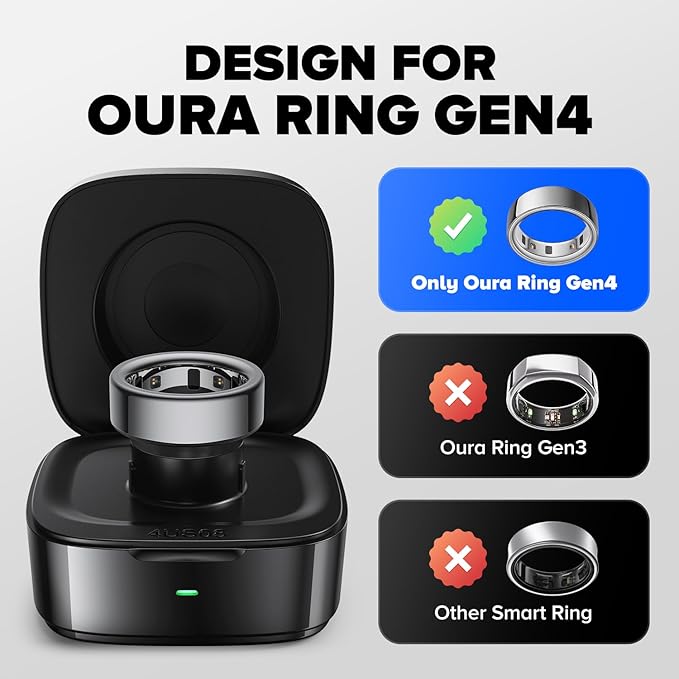 Wireless Charging Case Compatible with Oura Ring Gen 4 Charger, 600mAh Portable Travel Ring Charger Fast Charging Dock with USB-C Cable (Size 8-Black)