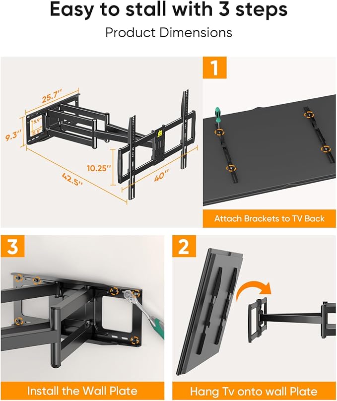 FORGING MOUNT Long Arm TV Wall Mount with 42.9 inch Extension and Power Strip for 60–120 Inch TVs, Heavy Duty Full Motion TV Mount,VESA 900x600mm,up to 275 lbs,Smooth Swivel, Tilt,16”-24” Wood Studs