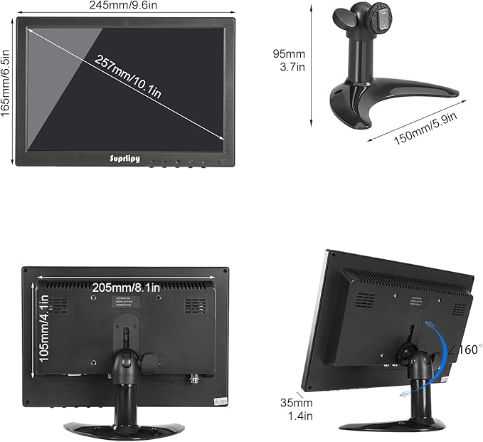 Suprlipy 10 inch FHD Small IPS Monitor LCD Display Screen 1920x1200 60Hz 16:10 with BNC VGA AV Input Built-in Lounspeakers for CCTV Security Camera DVR PC STB Game Console