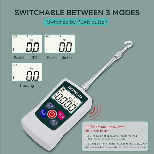 GOYOJO Digital Force Gauge High-Precision Push-Pull Meter for Tension & Compression Testing Units (N, kg, lb, oz) Real-Time/Peak/First Peak Modes Ideal for Quality Control & Material Testing (10N)