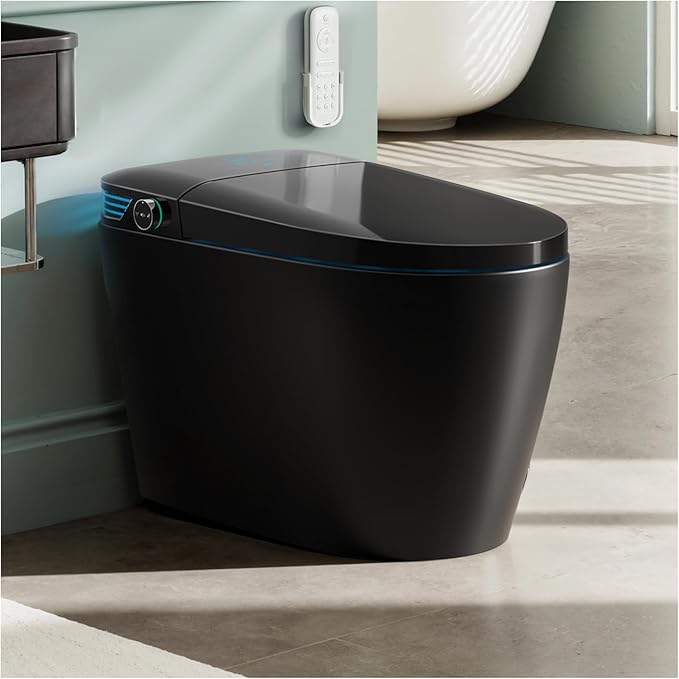 WANSID Black Smart Toilet with Bidet Built In, Auto Open/Close Lid, Heated Seat, Warm Wash & Dryer, Night Light, Soft-Close,Modern Elongated Tankless One Piece Toilets, 1.28 GPF