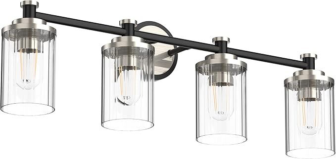 PHIXART Bathroom Lighting Fixtures Black and Brushed Nickel Bathroom Vanity Light with Cylindrical Clear Stripes Glass Lampshade E26 Socket Base Bathroom Lighting Fixtures Over Mirror (4 Lights)