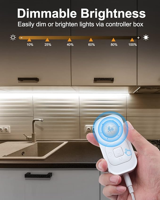 Feuymoent Motion Sensor LED Strip Light - Cabinet Strip Lights with 24W Plug, Dimmer and Timing,16.4ft 6000K ColdWhite