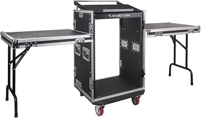 Sound Town Heavy-Duty 1/2" (12mm) Plywood 16U PA DJ Rack/Road ATA Case with 11U Slant Mixer Top, 20" Rackable Depth, 2 DJ Work Tables and Casters, Pro Tour Grade (STMR-16UWT2)