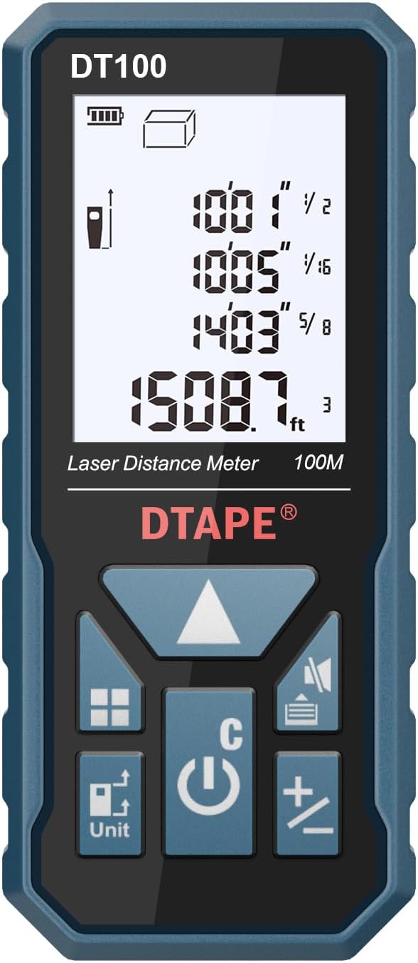 Laser Measure, DTAPE 330 Ft Digital Laser Distance Meter, Upgraded High-Accuracy Laser Measuring Tool, Electronic Tape Measure, 2" Backlit LCD Display, Area/Volume/Indirect Measurement, in/Ft/Ft+in/M
