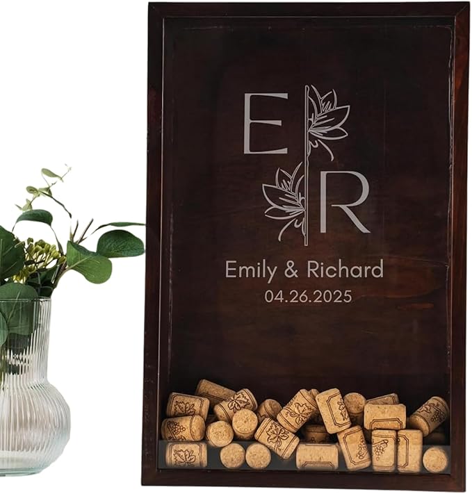 ARYCRAFTS Personalized Wooden Wine Cork Holder Shadow Box – Custom Engraved Display Case for Weddings, Engagements, Anniversaries & Wine Lovers – Rustic Memory Keepsake with Clear Front Panel