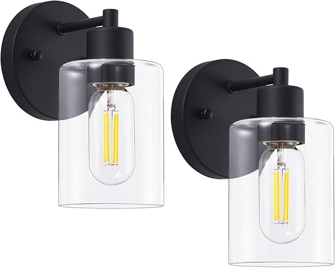 SOPEAS Wall Sconces for Bathroom, Modern Vanity Light Fixtures, Black Wall Mount Lighting Lanterns, Farmhouse Wall Lights with Clear Glass Shade for Bedroom Living Room Mirror Hallway Kitchen（2PACK）